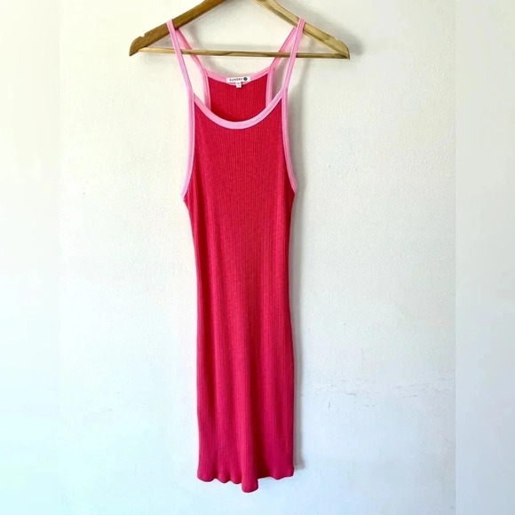 Sundry Colorblock Ribbed Mini Dress in Hibiscus & Neon Pink Trim Size Small - Picture 2 of 13